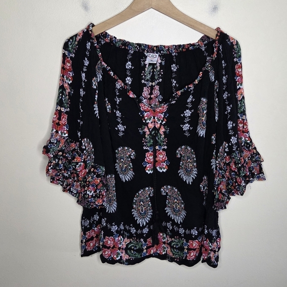 Bila | Colorful Floral Paisley Boho Flutter Sleeve Peasant Top Size Medium - Picture 1 of 7